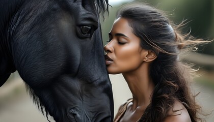 intimate moment between woman and her black horse, showcasing love and connection in a serene setting