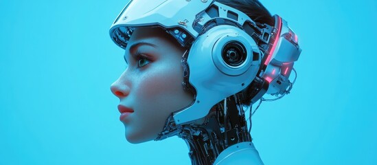 Poster - 3D rendering of a woman s robotic face set against a blue backdrop