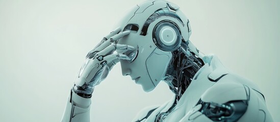 Poster - Futuristic cyborg touching its forehead suggesting the use of intellect Technology concept with detailed design isolated on a neutral background 3D digital illustration