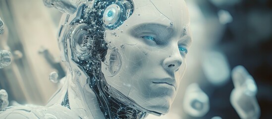 Aufkleber - Cyborg man head showcasing artificial intelligence and learning in a futuristic 3D rendering