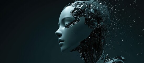 Poster - 3d rendering of a female robot s head in the process of disintegration against a dark background
