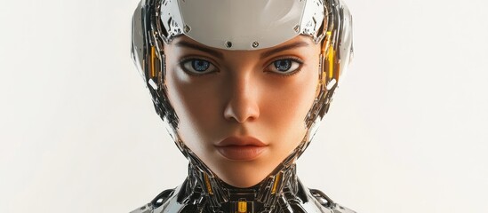 Poster - cyborg woman in a frontal view poised and ready set against a minimalist white background featuring 