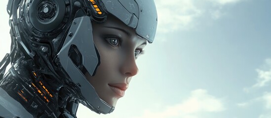 Poster - Futuristic 3D illustration of a female android with a metallic appearance showcasing themes of artificial intelligence and advanced technology