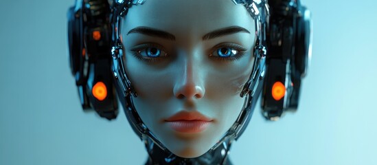 Poster - 3D rendering of a female android featuring a human like face and a mechanical body gazing directly at the camera