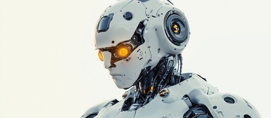 Poster - Futuristic robot figure showcasing intricate cyborg details Upper body view presented against a neutral backdrop 3D artwork