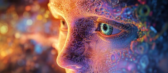 Aufkleber - 3D rendering of a human head featuring fractal details and a stylized eye exploring themes of artificial intelligence contemporary technology and the human mind