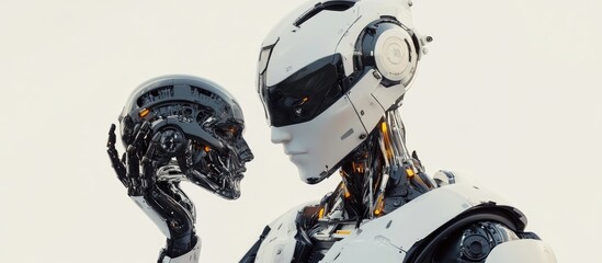 Poster - Futuristic robot figure holding a highly detailed head of another robot or cyborg isolated against a white background 3D illustration