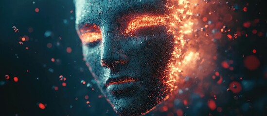 Aufkleber - Algorithmic face for identification futuristic innovations Abstract head design AI constructed from particles gems polygons 3D rendering Luminescent robot cyborg showcasing virtual reality