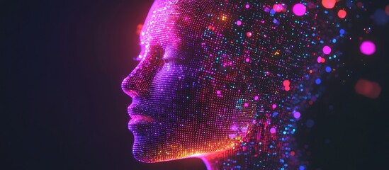 Aufkleber - Concept of Artificial Intelligence and Virtual Reality featuring a 3D human head composed of pixels in vibrant neon holographic colors against a dark backdrop