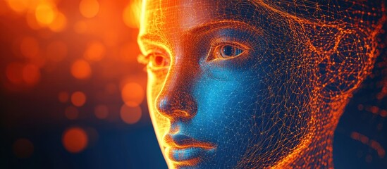 Poster - 3D wireframe illustration of a young female face against a blue and orange background representing technology cyborgs digital avatars and futuristic concepts
