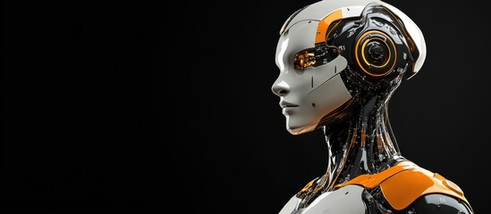 Poster - profile view of a futuristic humanoid robot showcasing intricate cyborg features upper body displaye