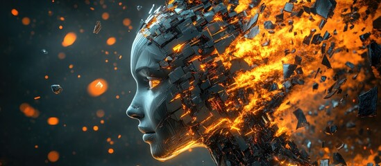Poster - Shattered vision of a machine 3D rendering of a metallic sci fi female AI head in an explosive moment