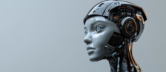 Poster - 3D rendering of a female robotic head against a gray background representing the concept of artificial intelligence