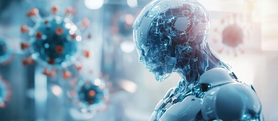 Poster - Cyborg with a blurred backdrop engaged in the creation and analysis of a 3D rendered nanovirus