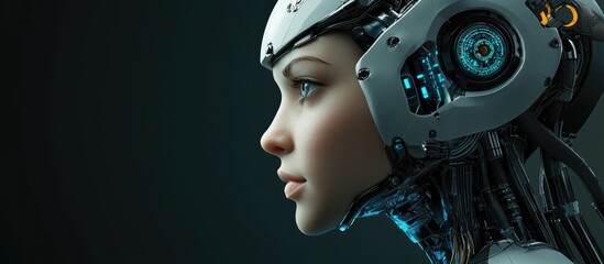 Aufkleber - 3D rendered profile portrait of a robotic woman against a dark backdrop showcasing the concept of artificial intelligence and futuristic design