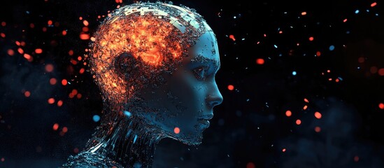 Poster - Robotic human head fracturing to reveal a new intelligent robot representing the emergence of artificial intelligence and virtual reality technology in a 3D illustration