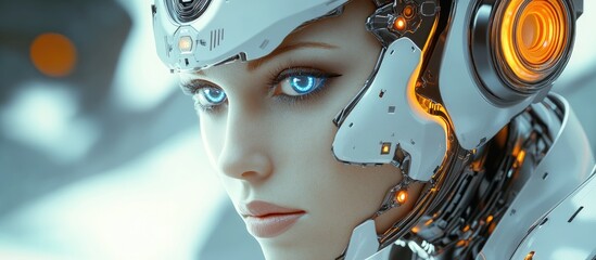 Poster - Stunning female cyborg with advanced robotic features Portrait of a sleek humanoid machine showcasing futuristic artificial intelligence technology Intriguing cybernetic character design