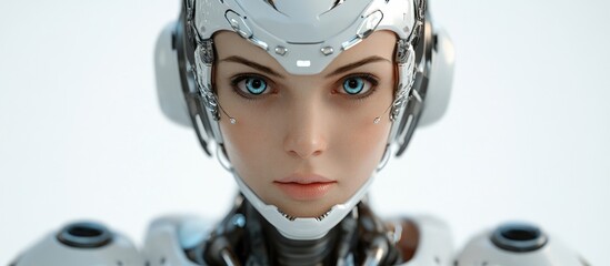 Poster - female cyborg character depicted in a frontal view featuring a loading pose against a clean white ba