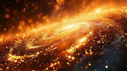 Poster - golden particles swirling and flowing on a dark background, creating an abstract galaxy shape, perfe