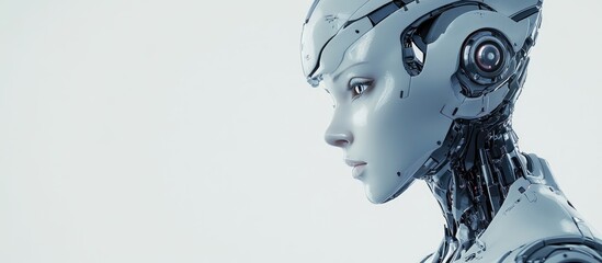 Poster - Futuristic robot woman in profile view displaying a silver humanoid design isolated against a white background with ample space for text 3D render
