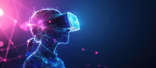Poster - Silhouette of a person wearing VR glasses with polygonal dot connections representing the concept of 5G mobile networking digital virtual reality technology and augmented reality