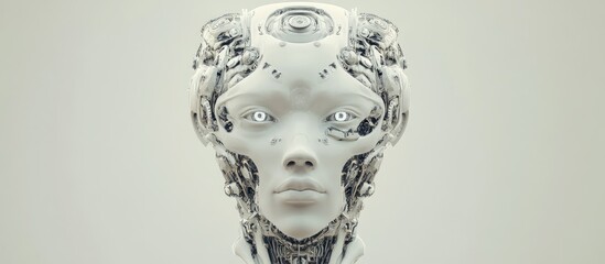 Poster - Highly detailed futuristic robot head or cyborg face with a front view against a neutral background 3D digital rendering