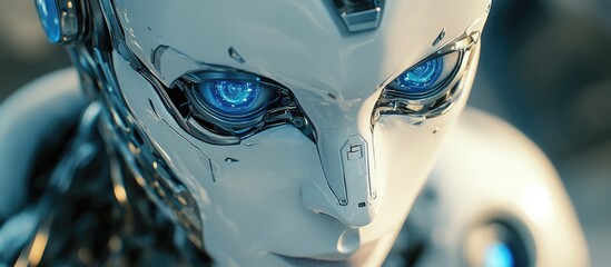 Poster - Cyborg with blue eyes featuring a detailed 3D illustration of its face