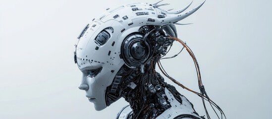 Poster - Biomechanical humanoid cyborg featuring wires connected to its back adorned with an unconventional helmet featuring a horn and crest and a prominent elongated chin in a cyberpunk aesthetic