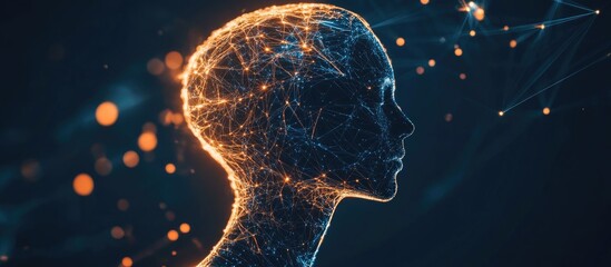 Poster - Interconnection of human head outlines with technological and fractal elements exploring themes of artificial intelligence computational science and futuristic innovations