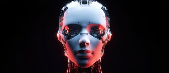 Poster - Futuristic cyborg head or robotic face shown from the front isolated on a dark background 3D rendering