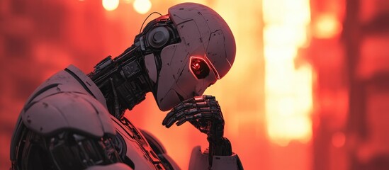 Poster - A 3D illustration of a giant robot deep in thought
