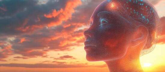 Poster - Abstract 3D wireframe illustration of a young female head against a sunset sky backdrop