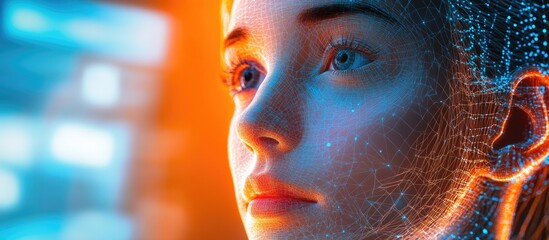 Poster - 3D wireframe depiction of a young female face against an orange and blue backdrop symbolizing technology cyborgs digital realms avatars and futuristic concepts