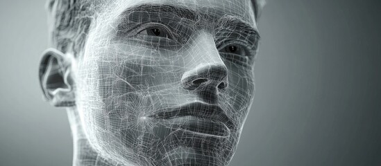 Aufkleber - 3D wireframe illustration of a young male face on a gray background representing concepts of technology cyborgs digital avatars and futuristic science fiction
