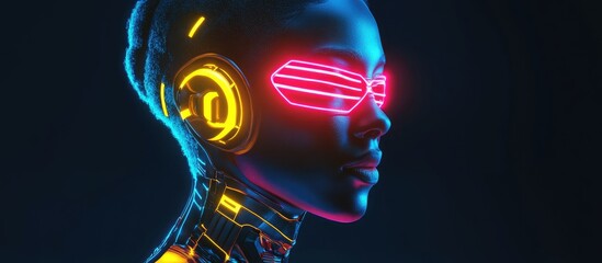 Poster - Portrait of a young cybernetic woman adorned in neon glowing armor Featuring elements of cyberspace and augmented reality in a futuristic vision 3D render against a dark background
