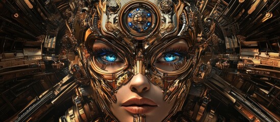 Poster - Abstract portrait of a futuristic steampunk character featuring intricate designs and vibrant colors in a 3D illustration