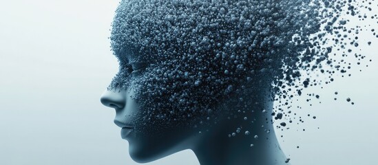 Aufkleber - Pixel art illustration depicting a human head composed of particles representing concepts of artificial intelligence machine learning and cybernetics