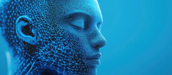 Aufkleber - 3D wireframe representation of a young male face on a blue background symbolizing technology cyborgs digital avatars science fiction and abstract concepts