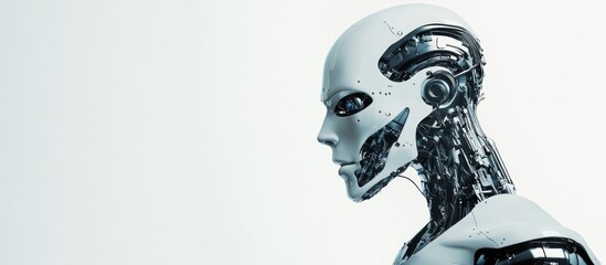 Poster - Highly detailed futuristic robot figure or humanoid cyborg with a metallic skull showcased from a side back view against a white background offering ample empty space for text 3D render