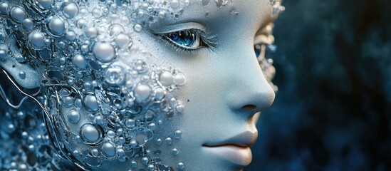 Poster - Futuristic female cyborg face featuring intricate pearl like artificial skin designed for virtual reality and AI concepts presented in a detailed 3D render