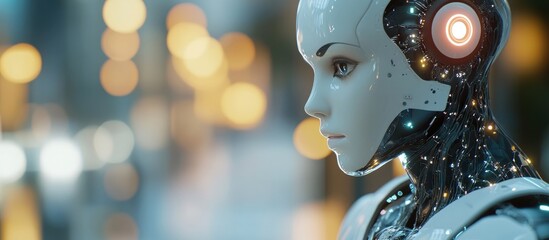 Poster - Cyborg figurine set against a blurred backdrop generating artificial intelligence 3D visualization