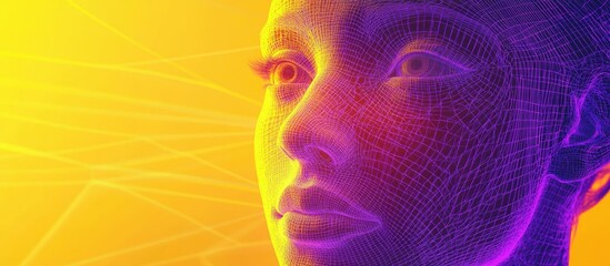 Aufkleber - 3D wireframe model of a young female face on a vibrant yellow and violet background representing themes of technology cyborgs digital avatars and abstract concepts
