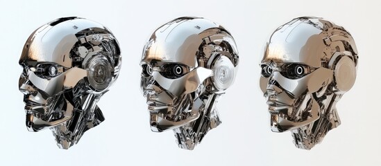 Poster - 3D rendering of a metallic robot or cyborg portrait set against a white background