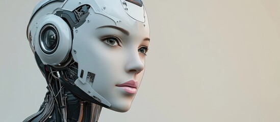Poster - Portraits of a female robot against a neutral backdrop showcasing the themes of robotics and artificial intelligence in 3D render