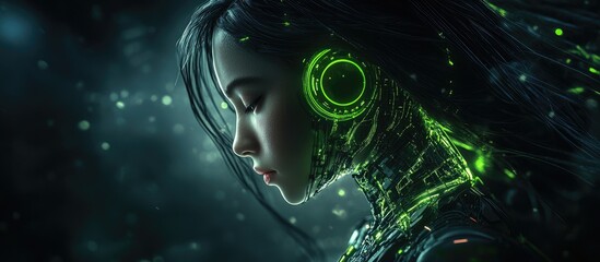 Poster - Cyborg girl with long black hair and metal grunge wires around her neck in a dark setting featuring glowing green futuristic circles 3D illustration of a futuristic cyber female character
