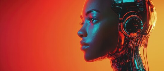 Poster - Cyborg in vibrant red orange and blue green hues under moody 80s lighting presented in a detailed 3D illustration and rendering