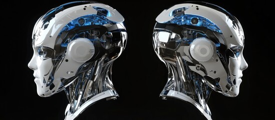 Aufkleber - 3D rendering of a robotic head featuring a metallic design in silver blue and white colors set against a black background