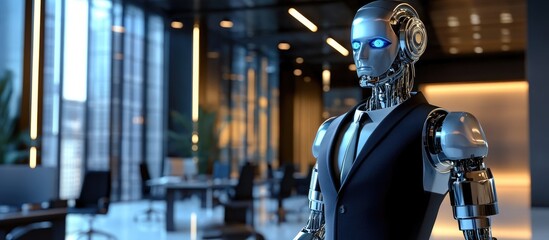 Poster - 3D rendering of a robotic businessman dressed in a suit within an office environment