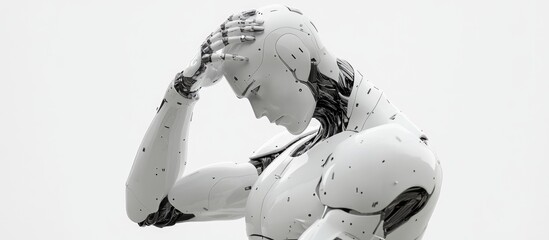Aufkleber - White male cyborg pondering while touching his head isolated on a white background 3D rendering