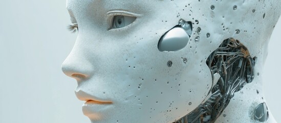 Poster - Female cyborg visage featuring intricate pearl like synthetic skin virtual reality theme and AI inspired conceptual design in a 3D rendering